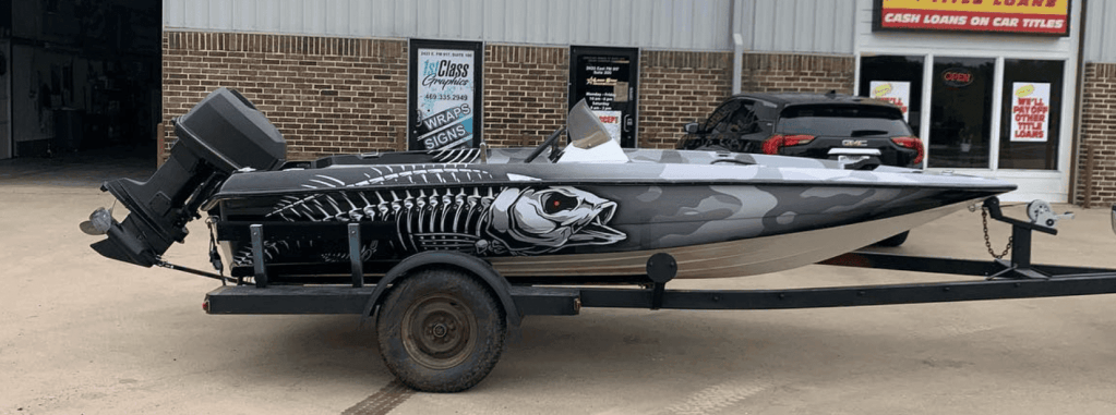 Full vehicle wrap on a bass boat by 1st Class Graphics in Mansfield, TX
